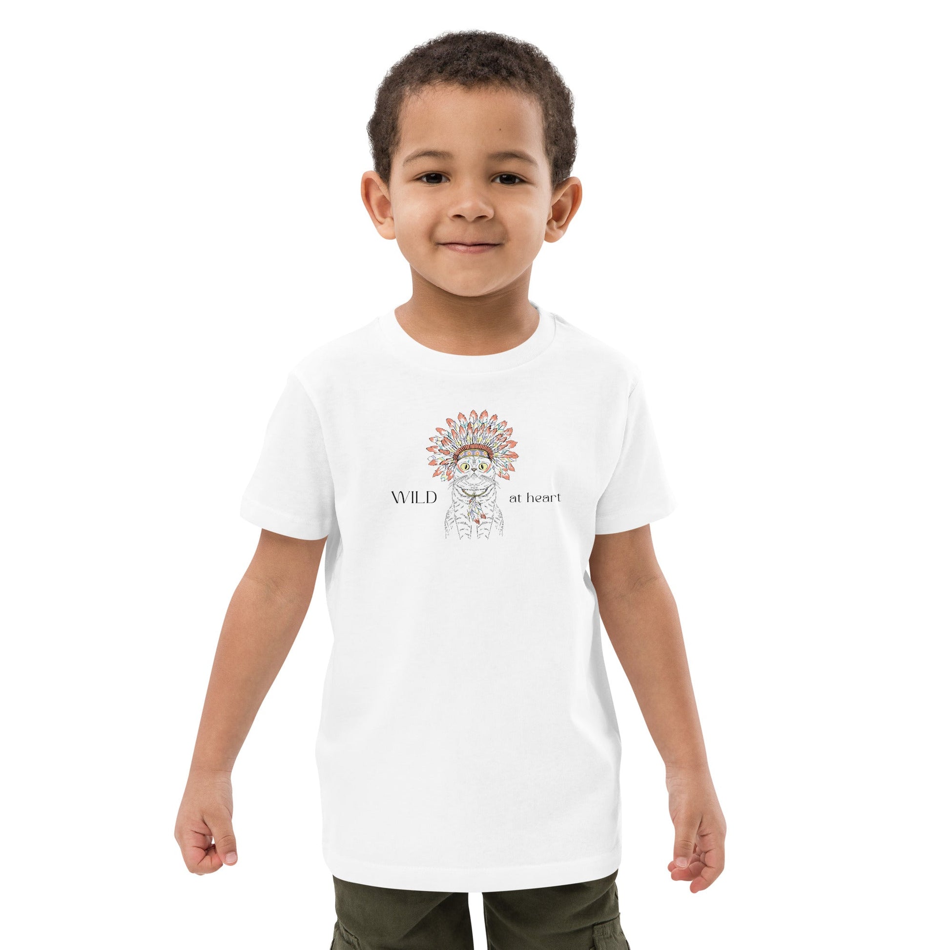 Gender-neutral Organic Cotton 'Wild At Heart' Kids Funny Cat T-shirt for all kids.