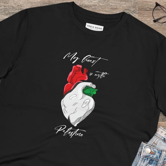 Palestine 'Heart' Organic Cotton T-shirt showing solidarity with heritage and pride

