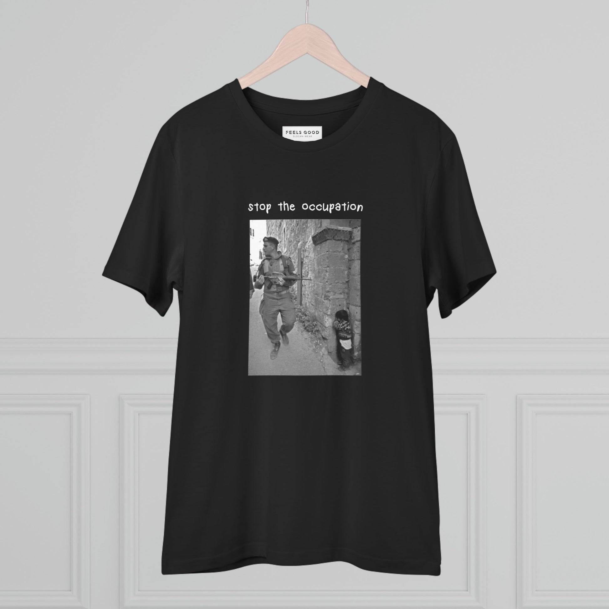 Show pride in a Palestinian T shirt like the alquds organic cotton 'Stop Occupation' design

