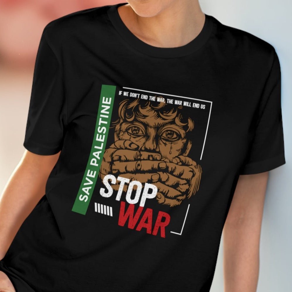Organic cotton tee—Palestine 'Stop War & Occupation' T-shirt with activist message

