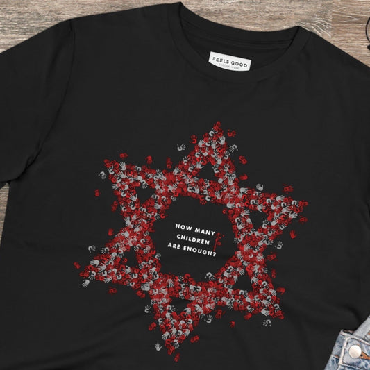 Show support with the Palestine 'The Children's Hands' tee made of organic cotton