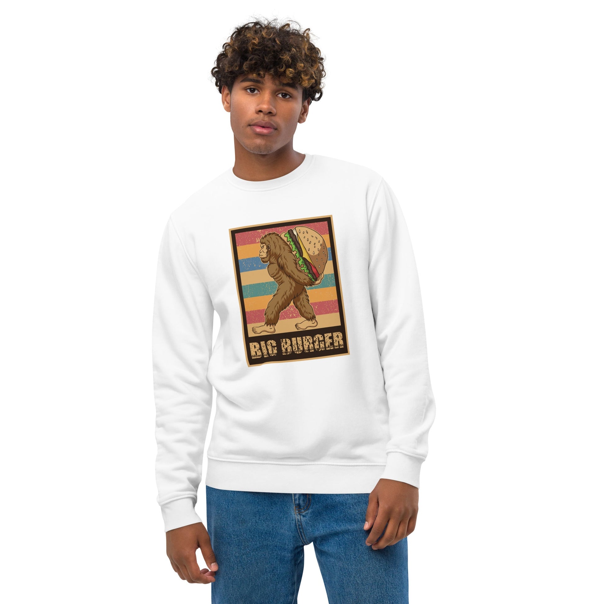 Rock a classic look with the Positive 'Big Burger Gorilla' Retro Organic Cotton Sweatshirt today!