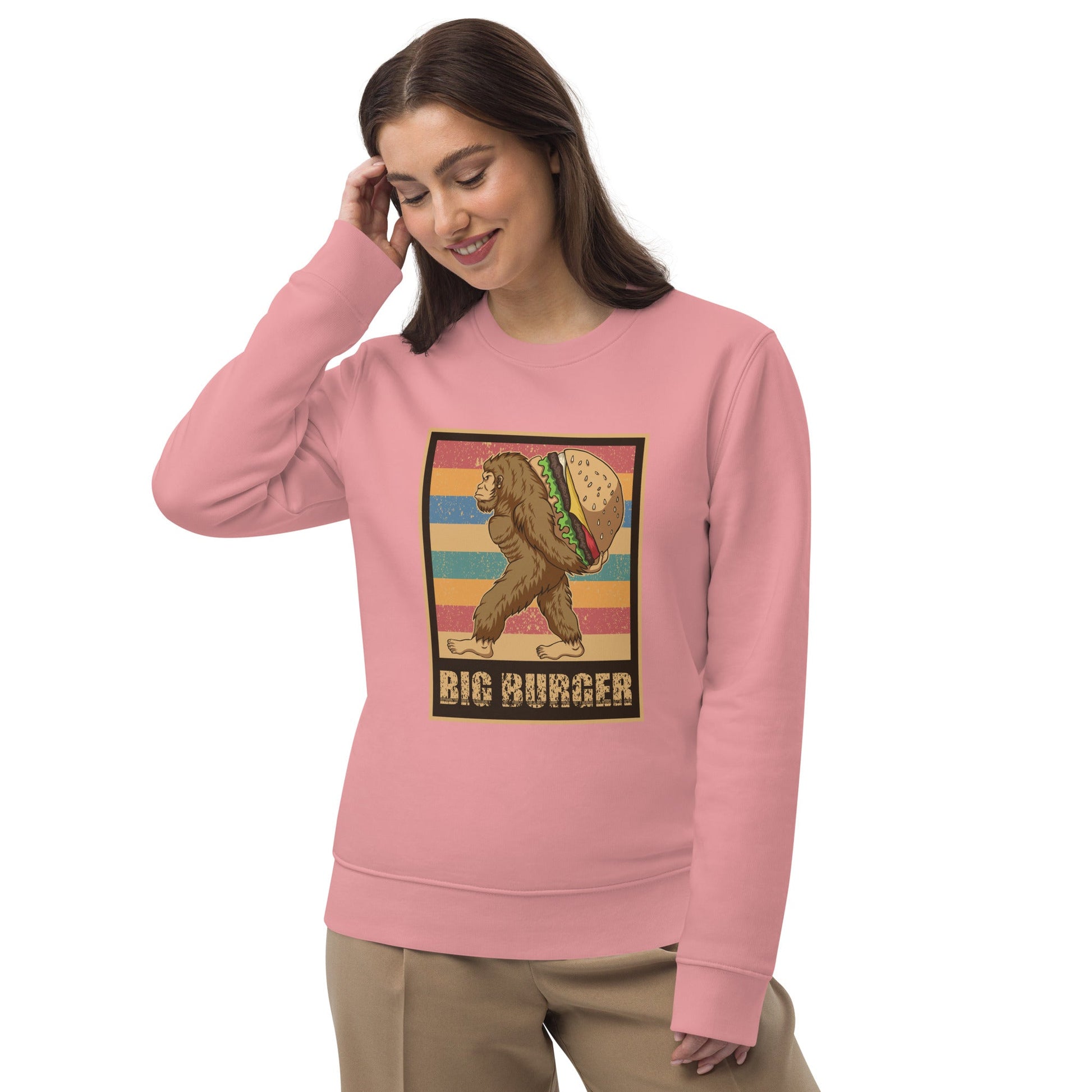 Upgrade your wardrobe with the Positive 'Big Burger Gorilla' Retro Organic Cotton Sweatshirt now.