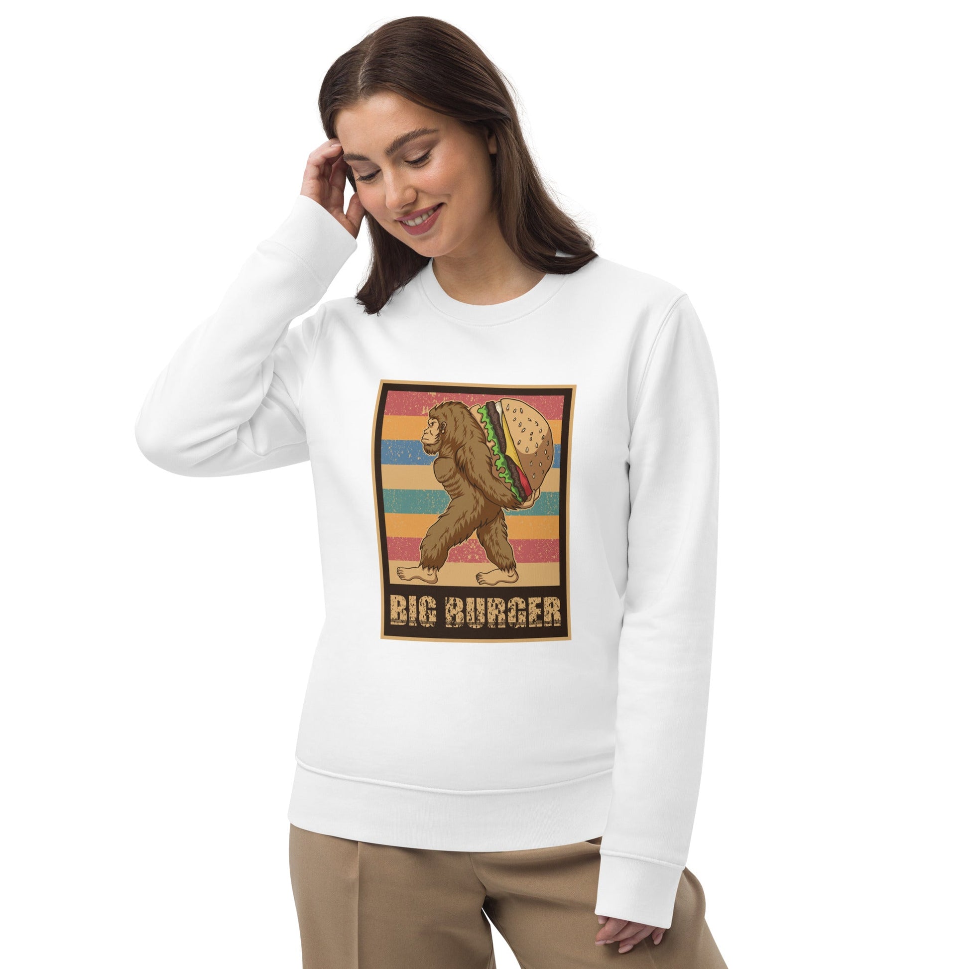 Love vintage? The Positive 'Big Burger Gorilla' Retro Organic Cotton Sweatshirt is your new go-to!