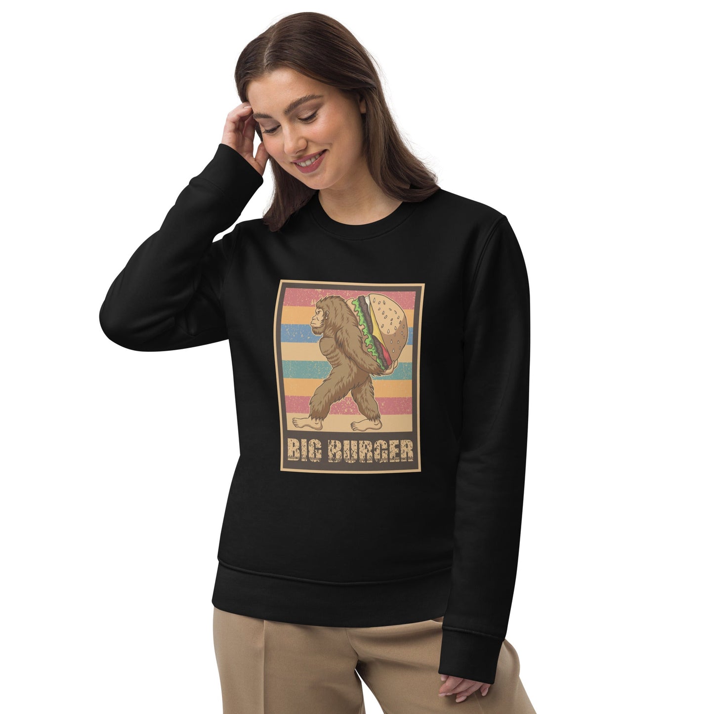 Get a stylish edge with the Positive 'Big Burger Gorilla' Retro Organic Cotton Sweatshirt for women.

