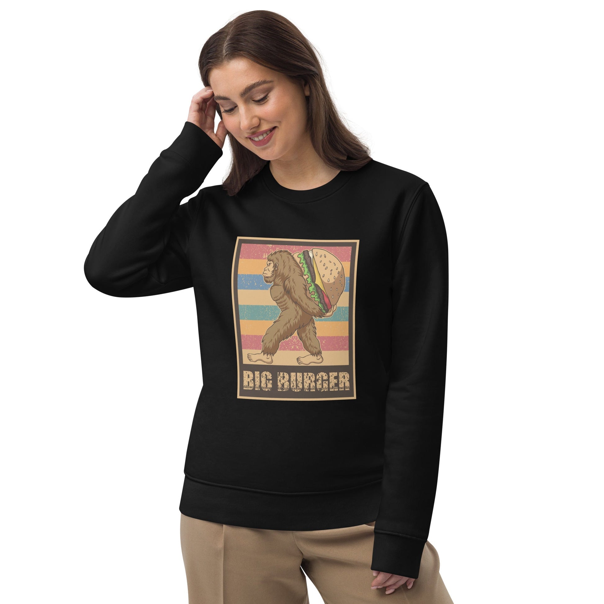 Get a stylish edge with the Positive 'Big Burger Gorilla' Retro Organic Cotton Sweatshirt for women.

