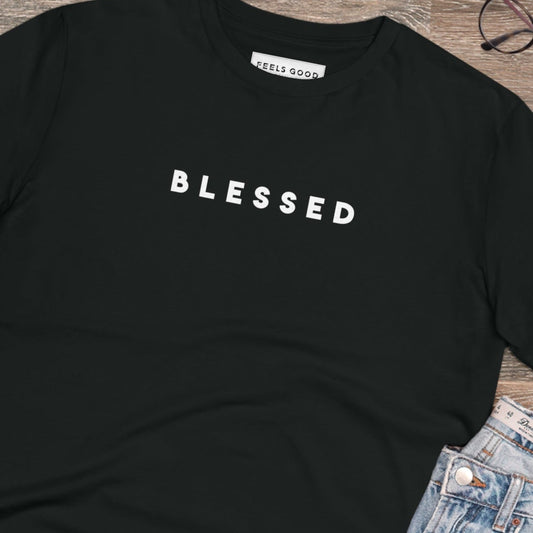 Top brand t-shirt: Positive 'Blessed' organic cotton quality.
