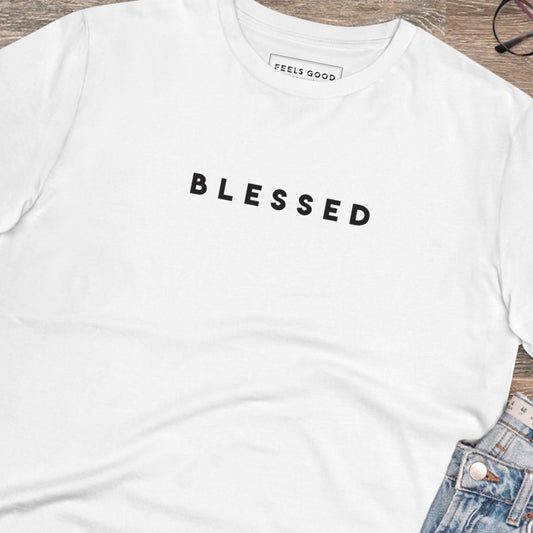 Best selling positive tee: 'Blessed' organic cotton, good vibes.
