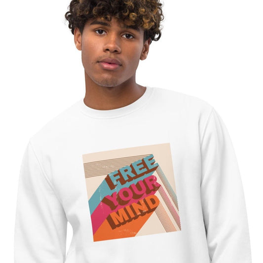 Positive 'Free Your Mind' Retro Organic Cotton Sweatshirt for travel and adventure vibes

