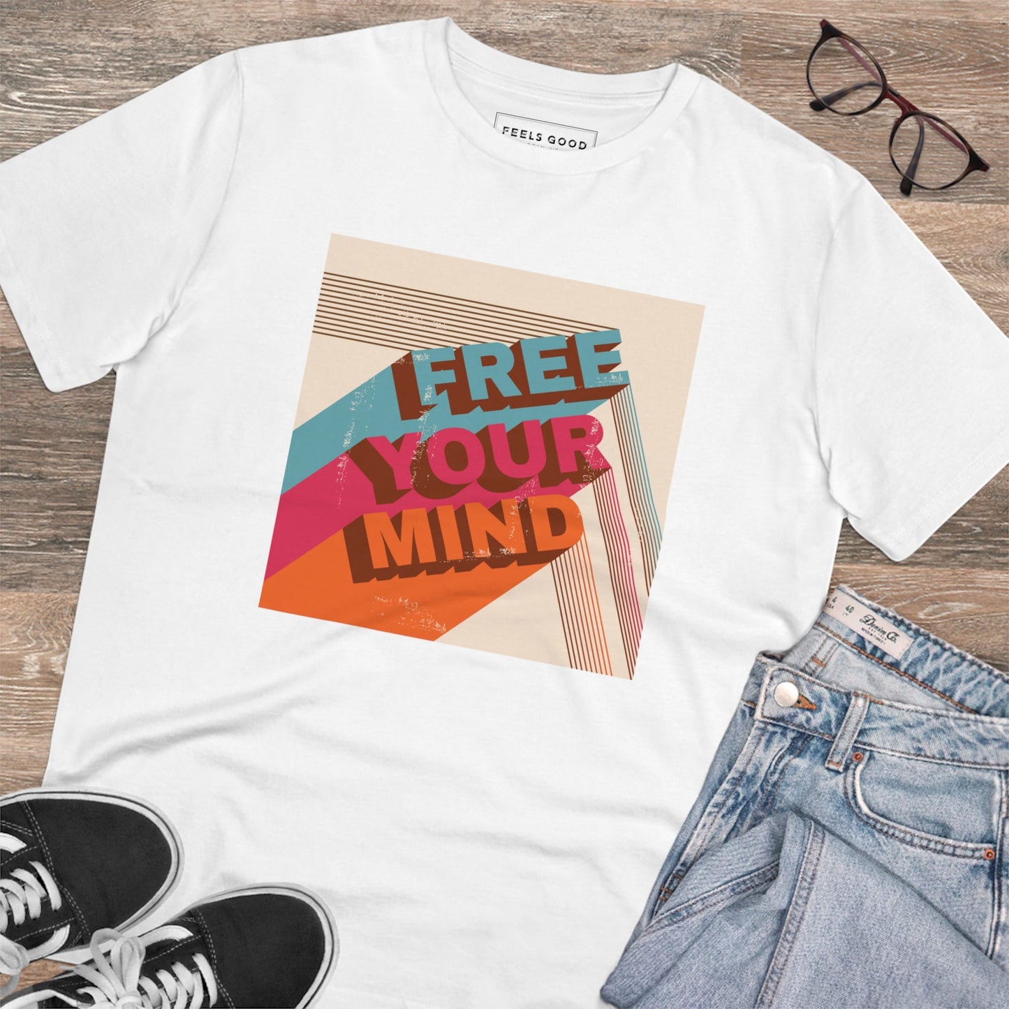 The Positive 'Free Your Mind' Retro Organic Cotton T-Shirt is a must-have for retro t-shirts for men!
