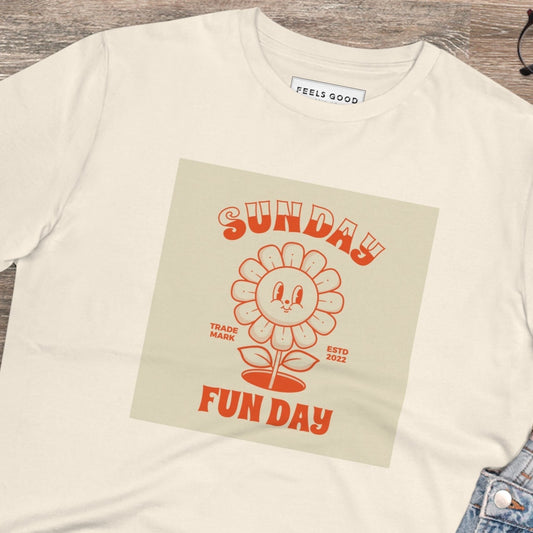 Stay stylish with the Positive ‘Fun Day Sunday’ Retro Organic Cotton T-Shirt—a must-have for retro lovers!