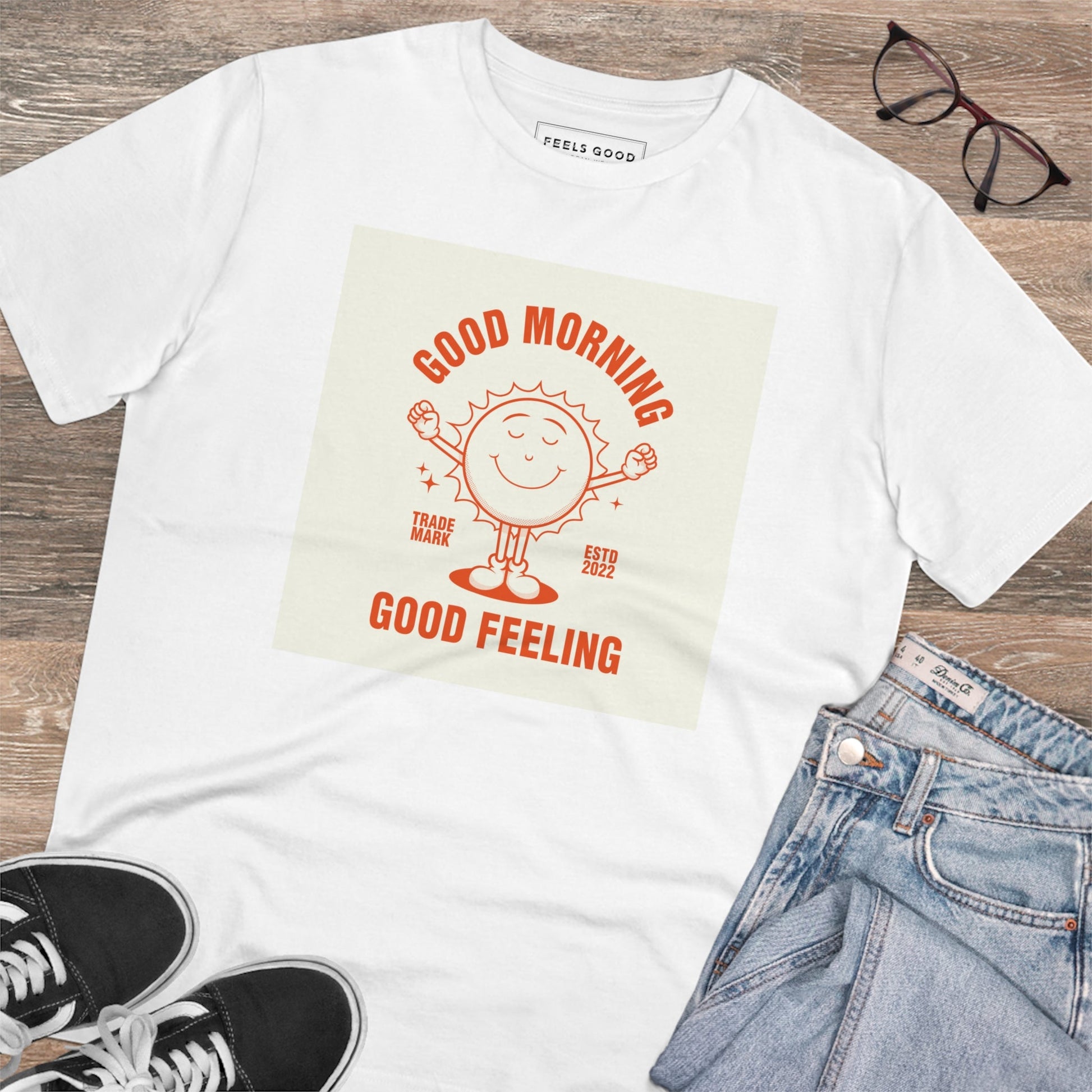 Stay stylish with the Positive 'Good Feeling' Retro Organic Cotton T-Shirt. Retro T-shirts for men!