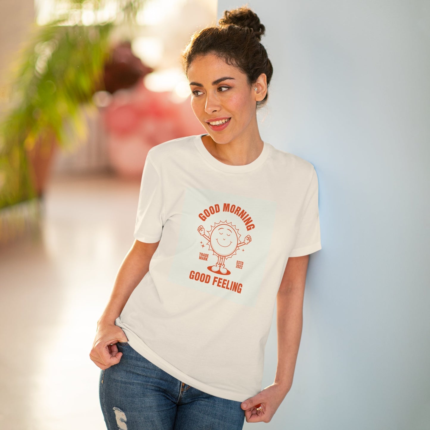 Get the Positive 'Good Feeling' Retro Organic Cotton T-Shirt now. Retro t-shirts for women.