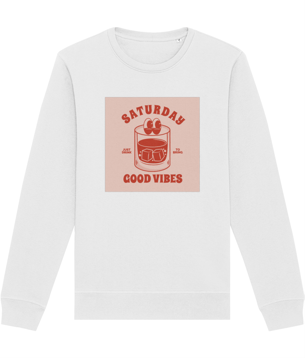 Find your style with the Positive 'Good Vibes Saturday' Retro Organic Cotton Sweatshirt—soft & comfy!