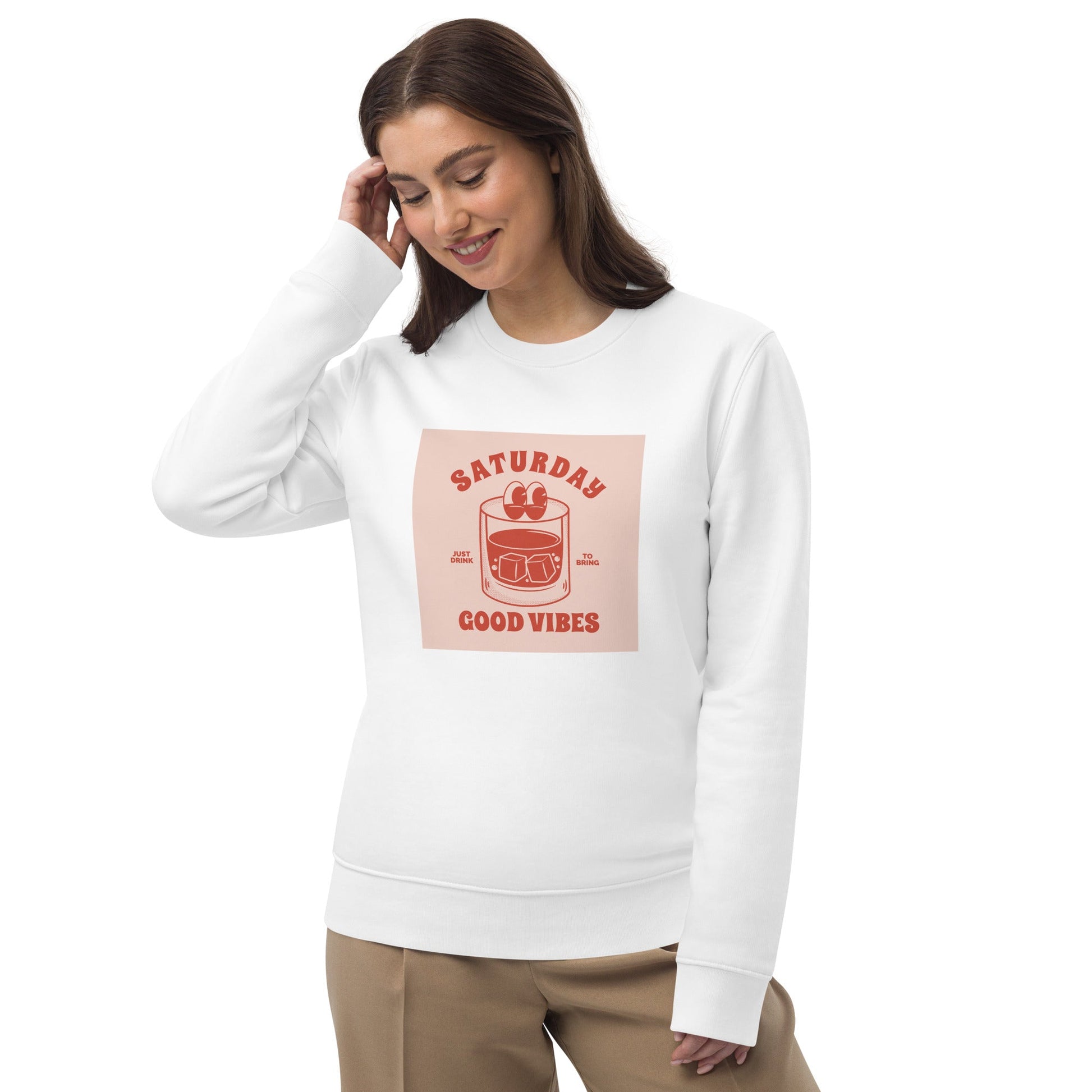 Upgrade your wardrobe with a Positive 'Good Vibes Saturday' Retro Organic Cotton Sweatshirt today!