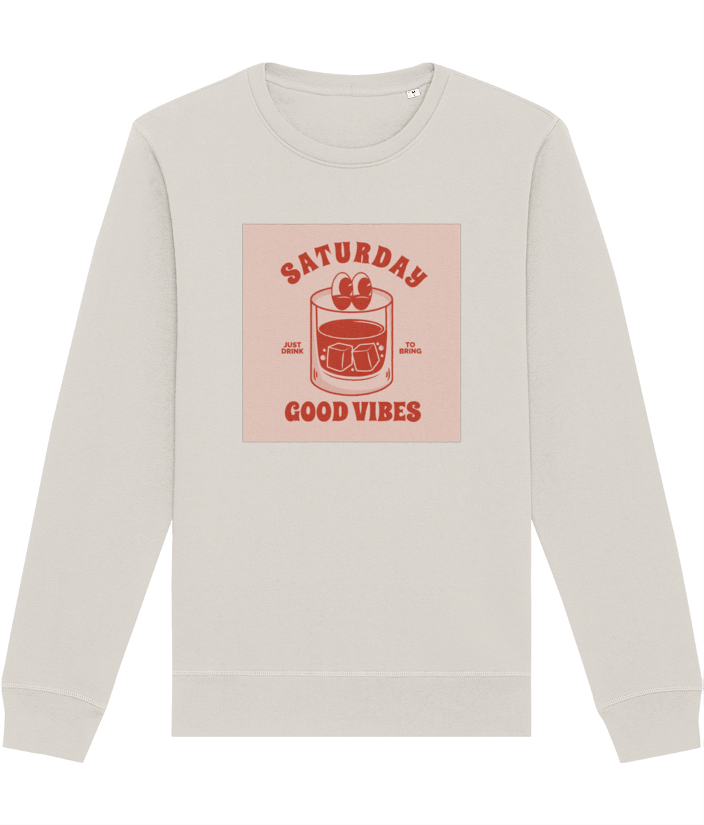 Love vintage? Get a Positive 'Good Vibes Saturday' Retro Organic Cotton Sweatshirt—perfect retro fit!
