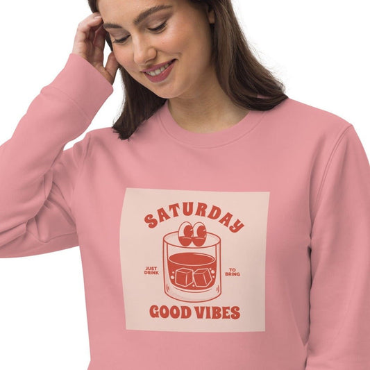 Stay stylish with the Positive 'Good Vibes Saturday' Retro Organic Cotton Sweatshirt—vintage vibes!