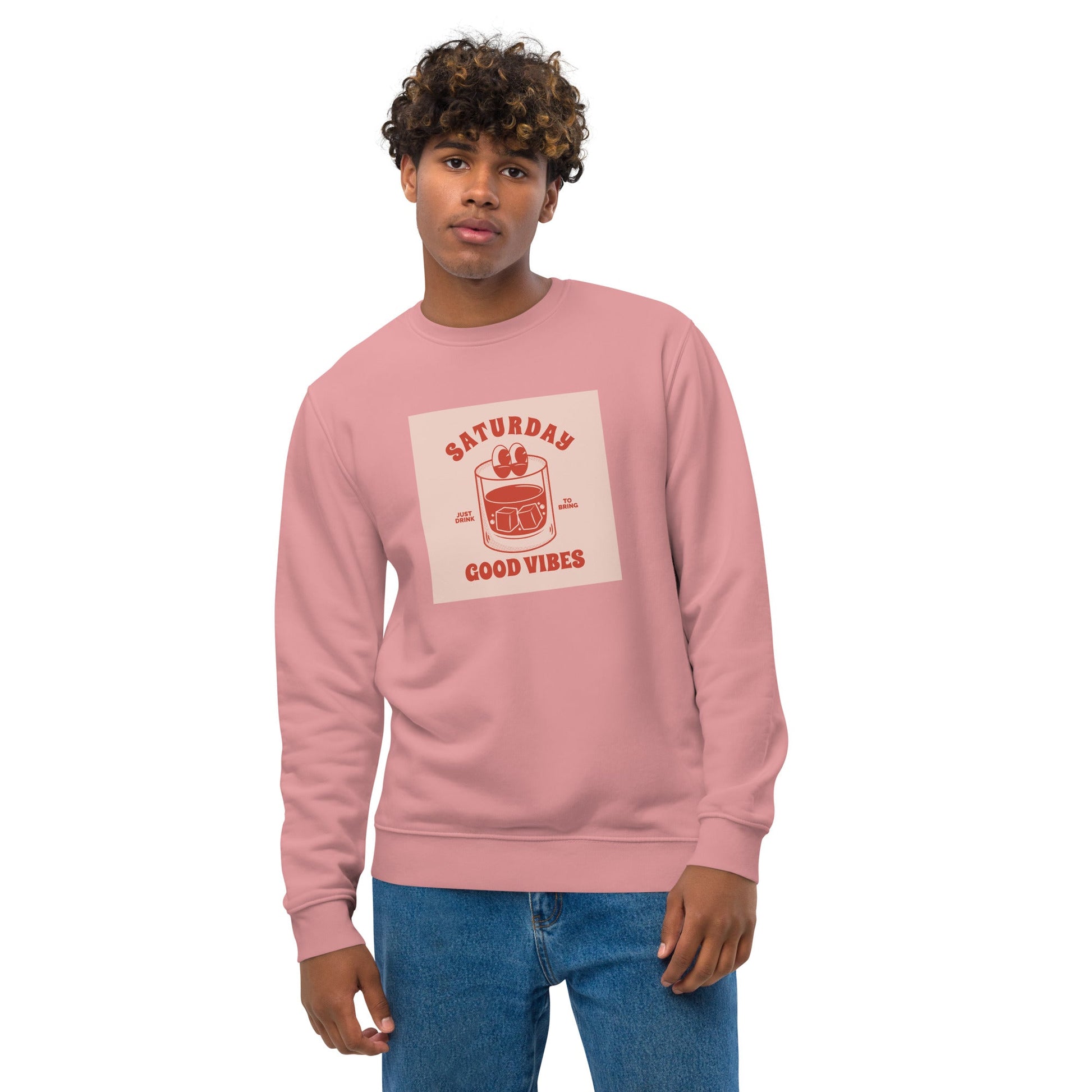 Feel cozy in our Positive 'Good Vibes Saturday' Retro Organic Cotton Sweatshirt—timeless vintage style.