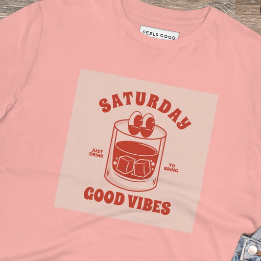 Stay stylish with the positive 'Good Vibes Saturday' retro organic cotton t-shirt—a must-have retro tee!