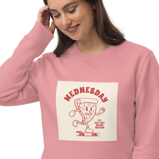 Stay cozy in our Positive 'Half-Way Wednesday' Retro Organic Cotton Sweatshirt—vintage vibes!