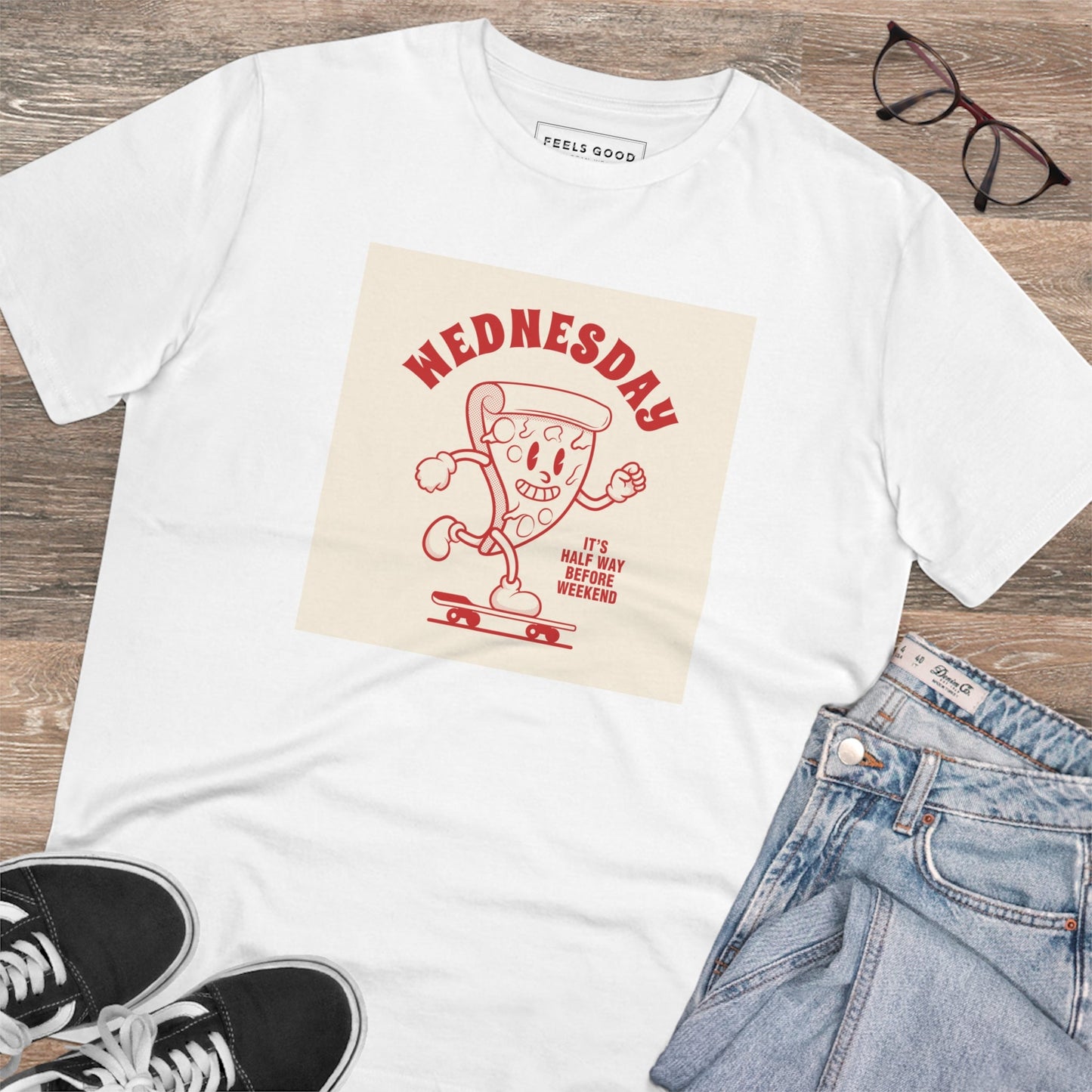 Retro lovers, grab the Positive 'Half-Way Wednesday' retro organic cotton t-shirt—timeless charm!