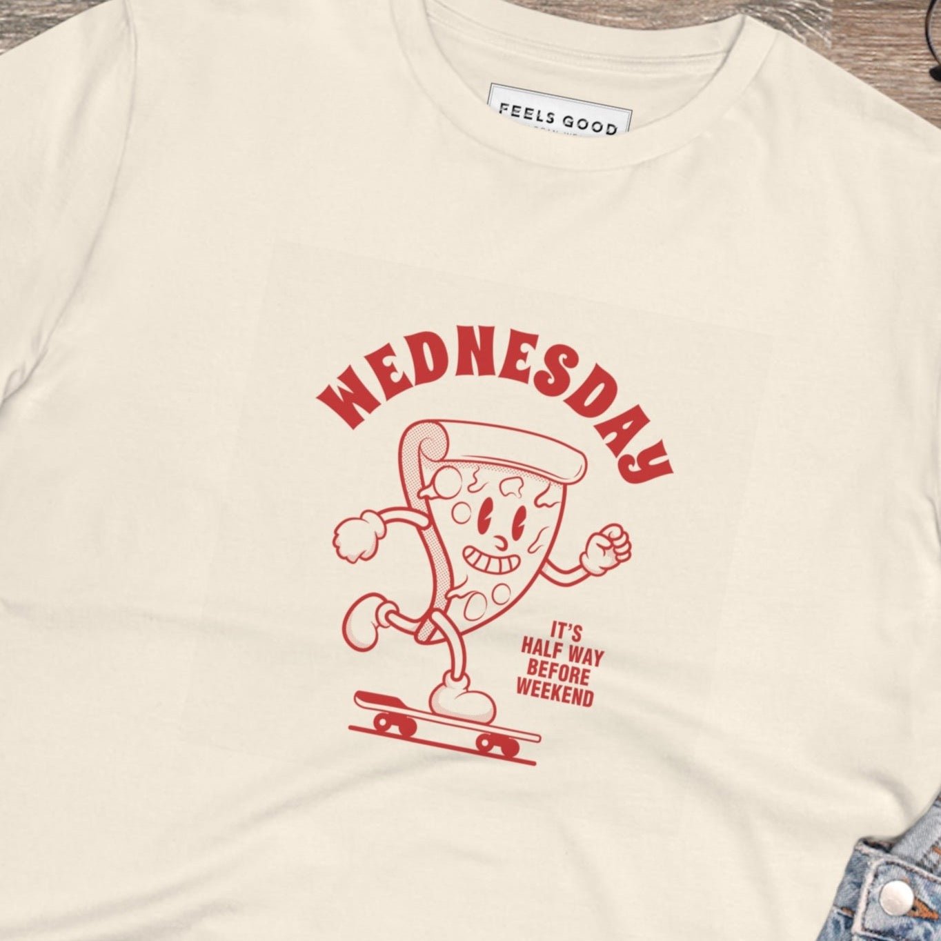 Stay stylish with the Positive 'Half-Way Wednesday' retro organic cotton t-shirt—classic retro vibe!