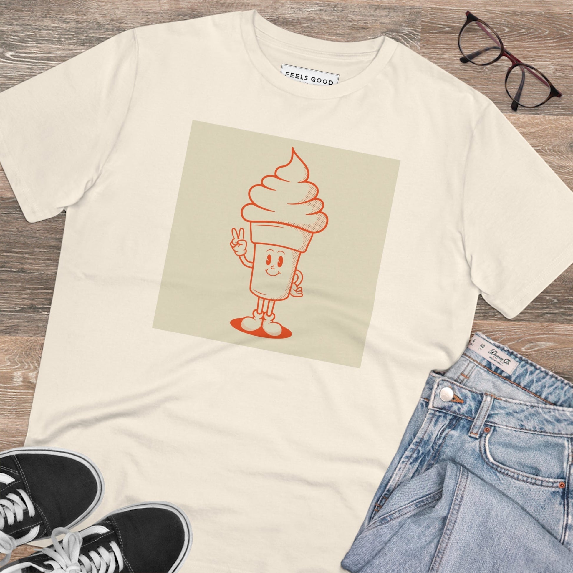 Chill in style with the Positive 'Ice-cream Scoop' Retro Organic Cotton T-shirt! Retro t-shirts for men.