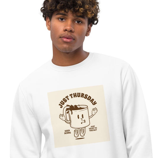 Stay cozy in the Positive 'Just Thursday' Retro Organic Cotton Sweatshirt—a perfect vintage vibe!
