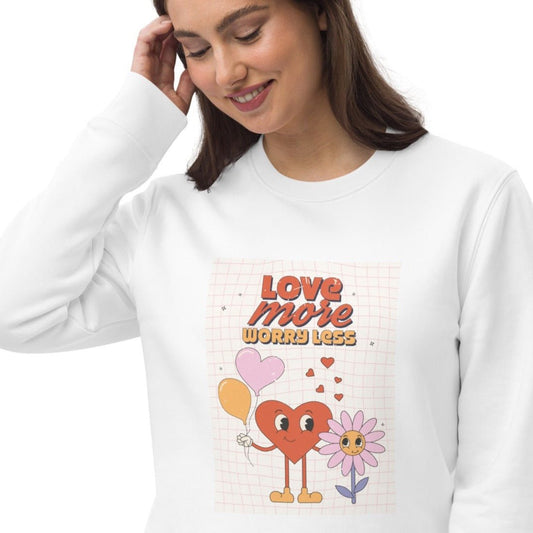 Stay cozy in the Positive 'Love More, Worry Less' Retro Organic Cotton Sweatshirt—vintage style!