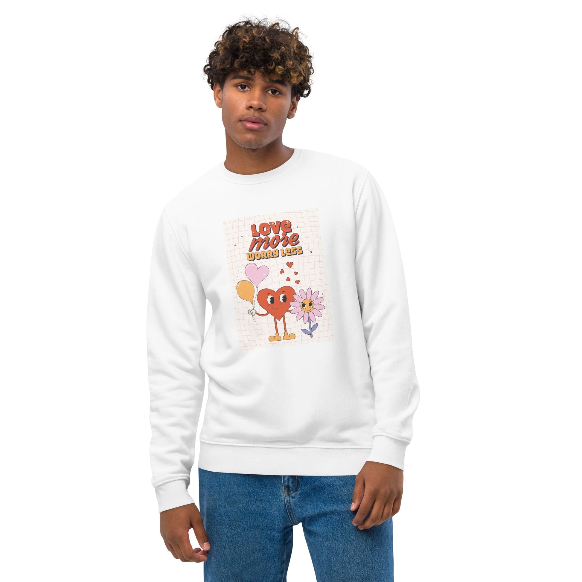 Upgrade your wardrobe with the Positive 'Love More, Worry Less' Retro Organic Cotton Sweatshirt now!