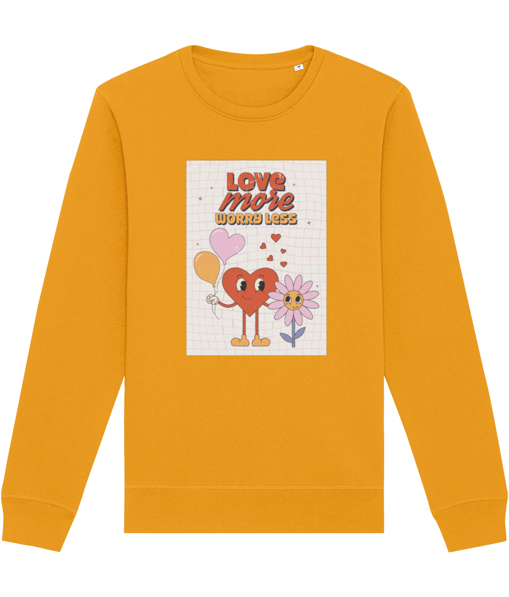 Elevate your look with the Positive 'Love More, Worry Less' Retro Organic Cotton Sweatshirt today!