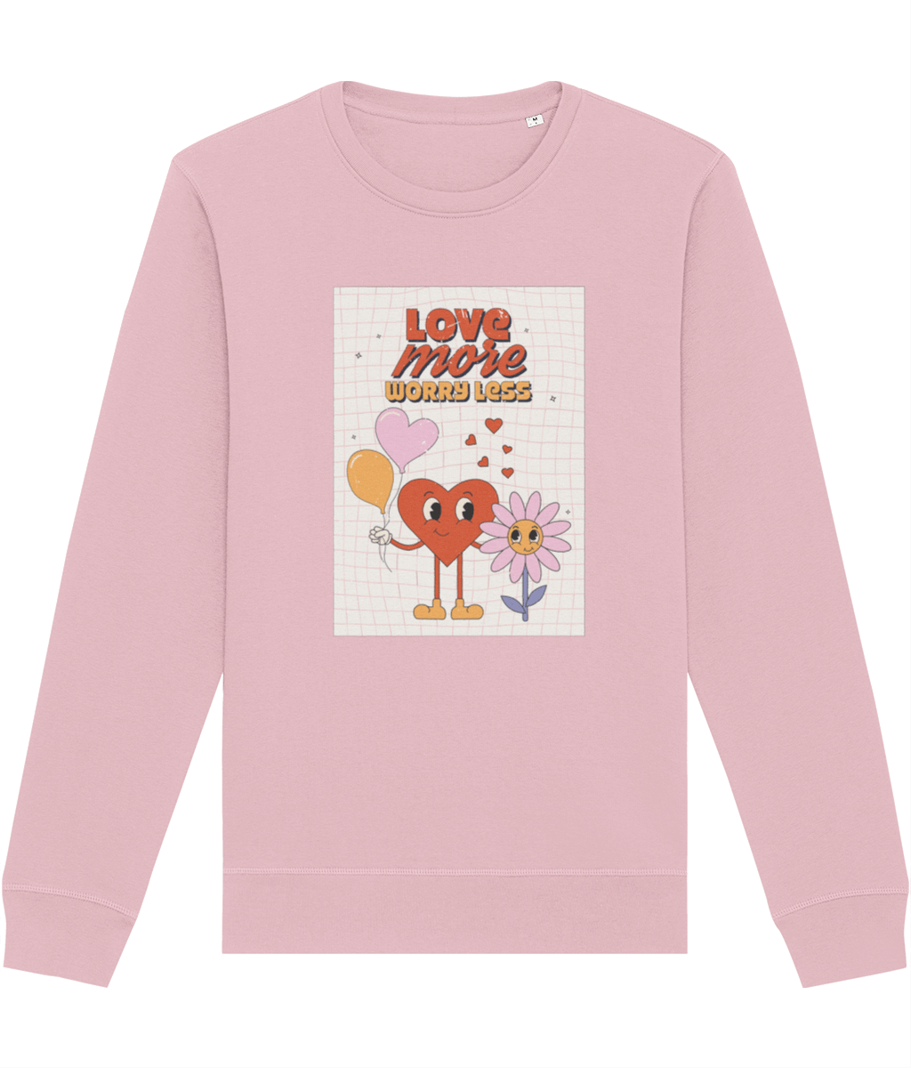Get the Positive 'Love More, Worry Less' Retro Organic Cotton Sweatshirt—a vintage classic you’ll love!