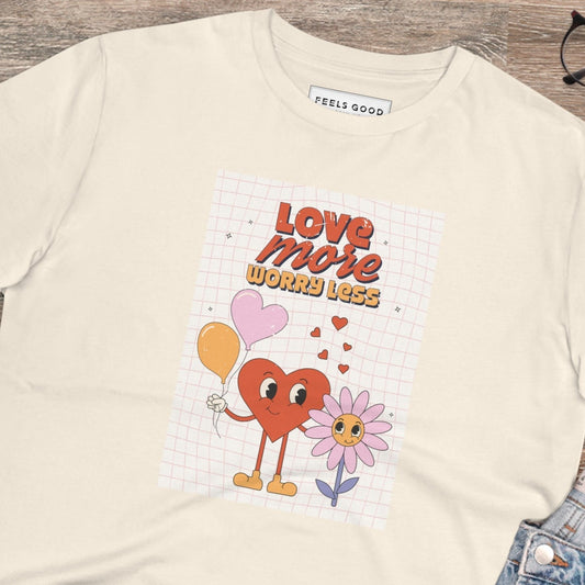 Stay stylish in the Positive 'Love More, Worry Less' retro organic cotton t-shirt. A must-have retro tee!