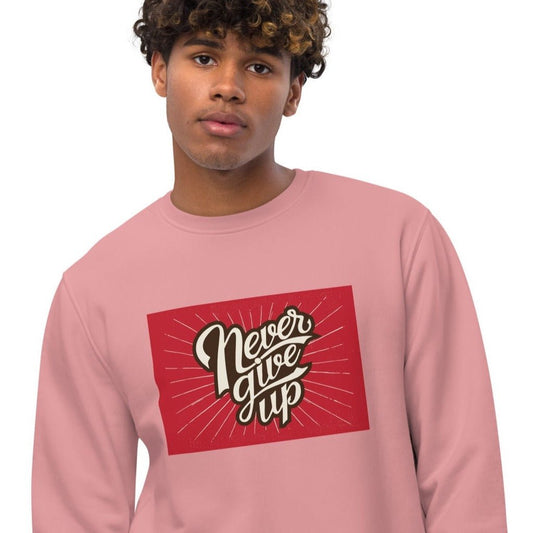 Stay stylish in the Positive 'Never Give Up' Retro Organic Cotton Sweatshirt—a vintage classic.