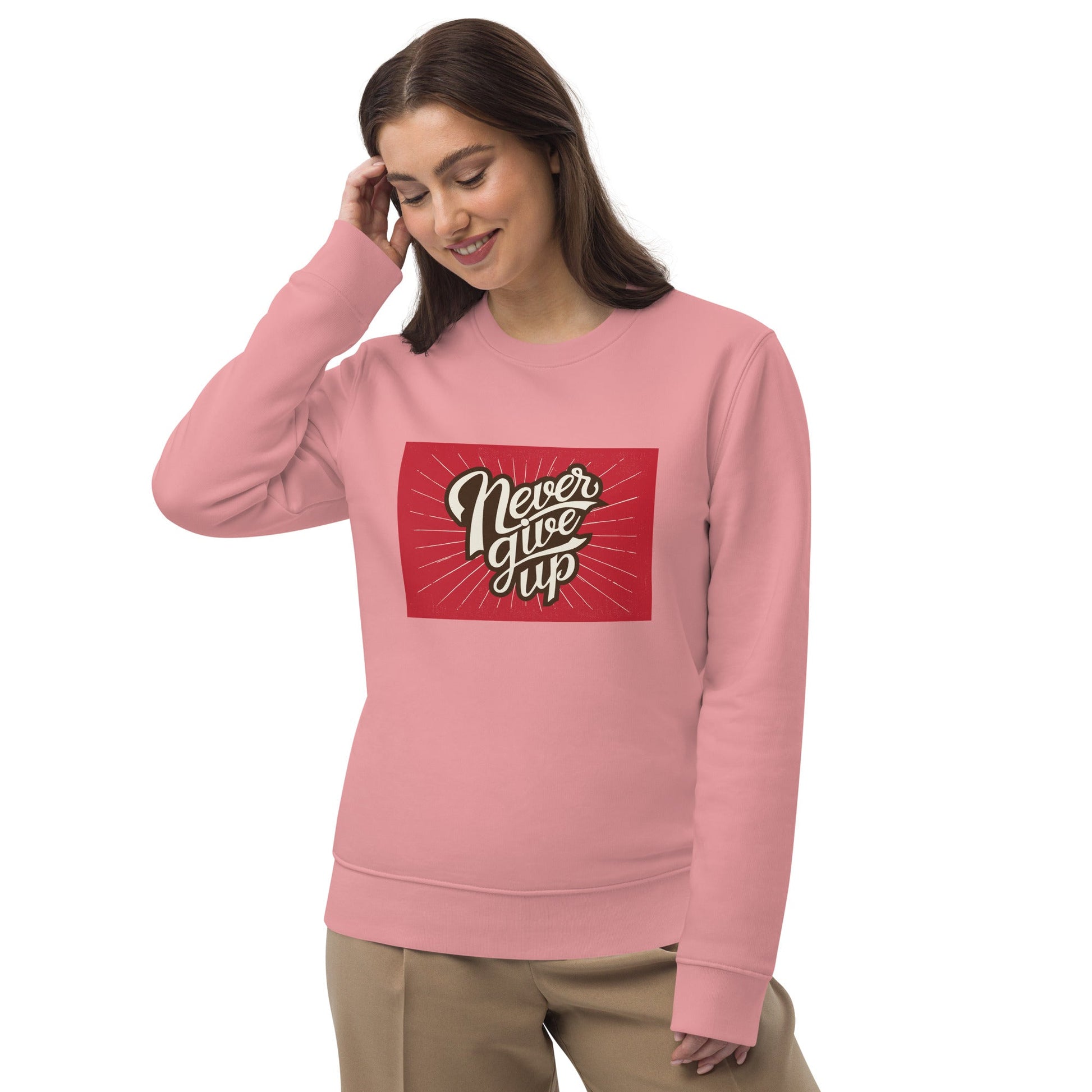 Feel cozy in a Positive 'Never Give Up' Retro Organic Cotton Sweatshirt—the best retro sweatshirt.