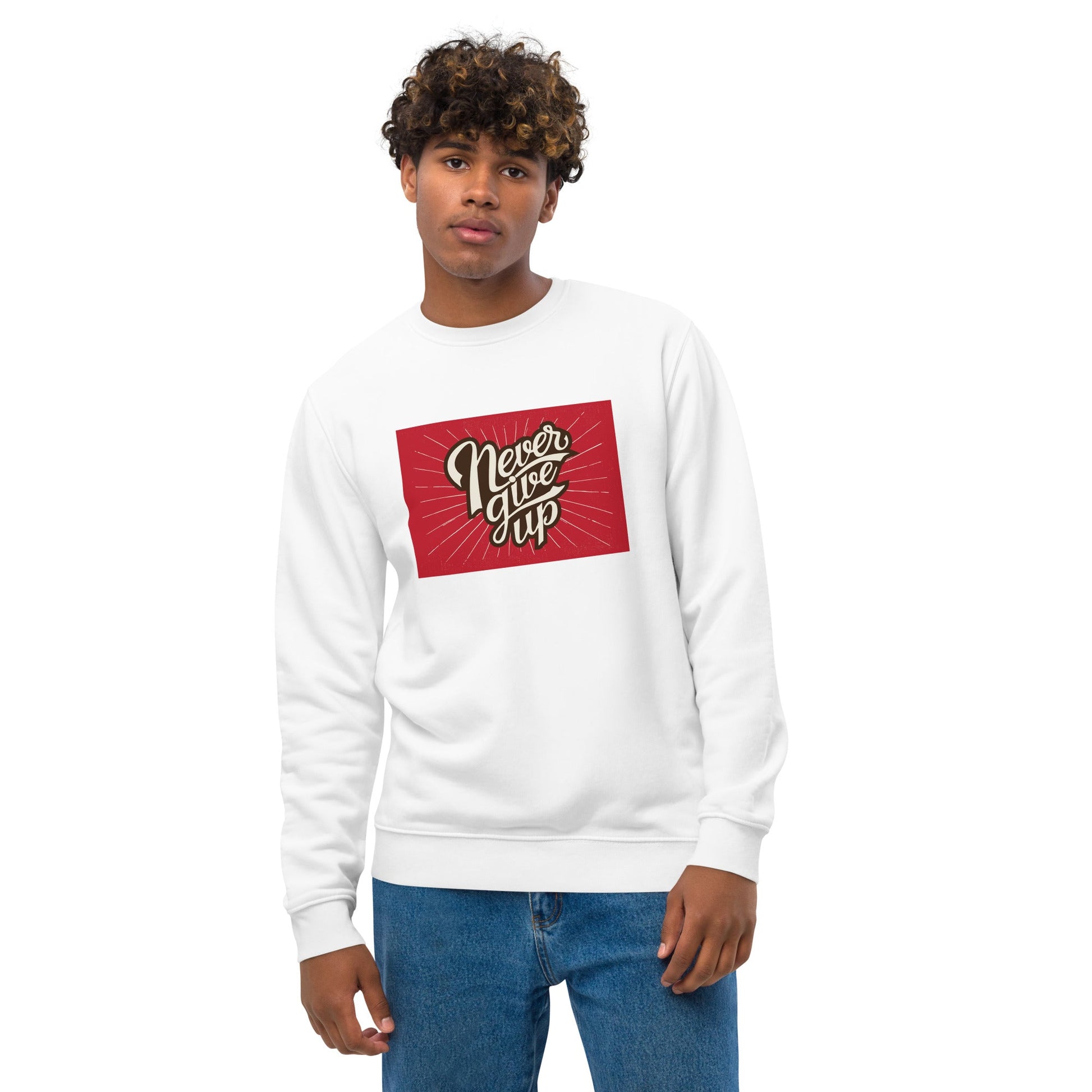Elevate your look with the Positive 'Never Give Up' Retro Organic Cotton Sweatshirt—timeless style.