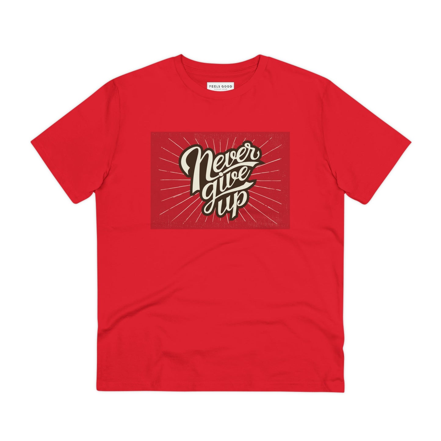 Stylish & sustainable, the positive 'Never Give Up' retro organic cotton t-shirt. Vintage slogan t-shirt!
