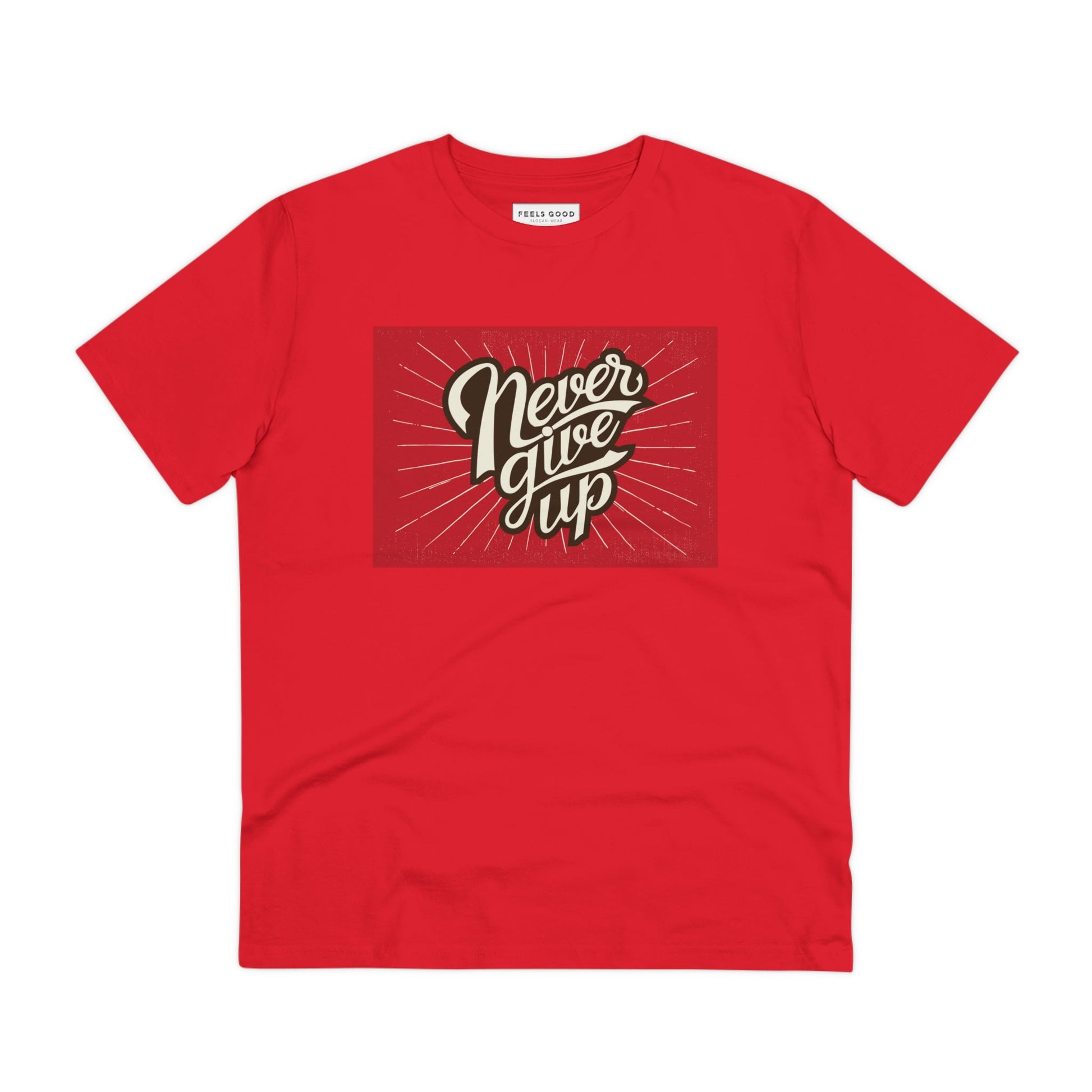 Stylish & sustainable, the positive 'Never Give Up' retro organic cotton t-shirt. Vintage slogan t-shirt!