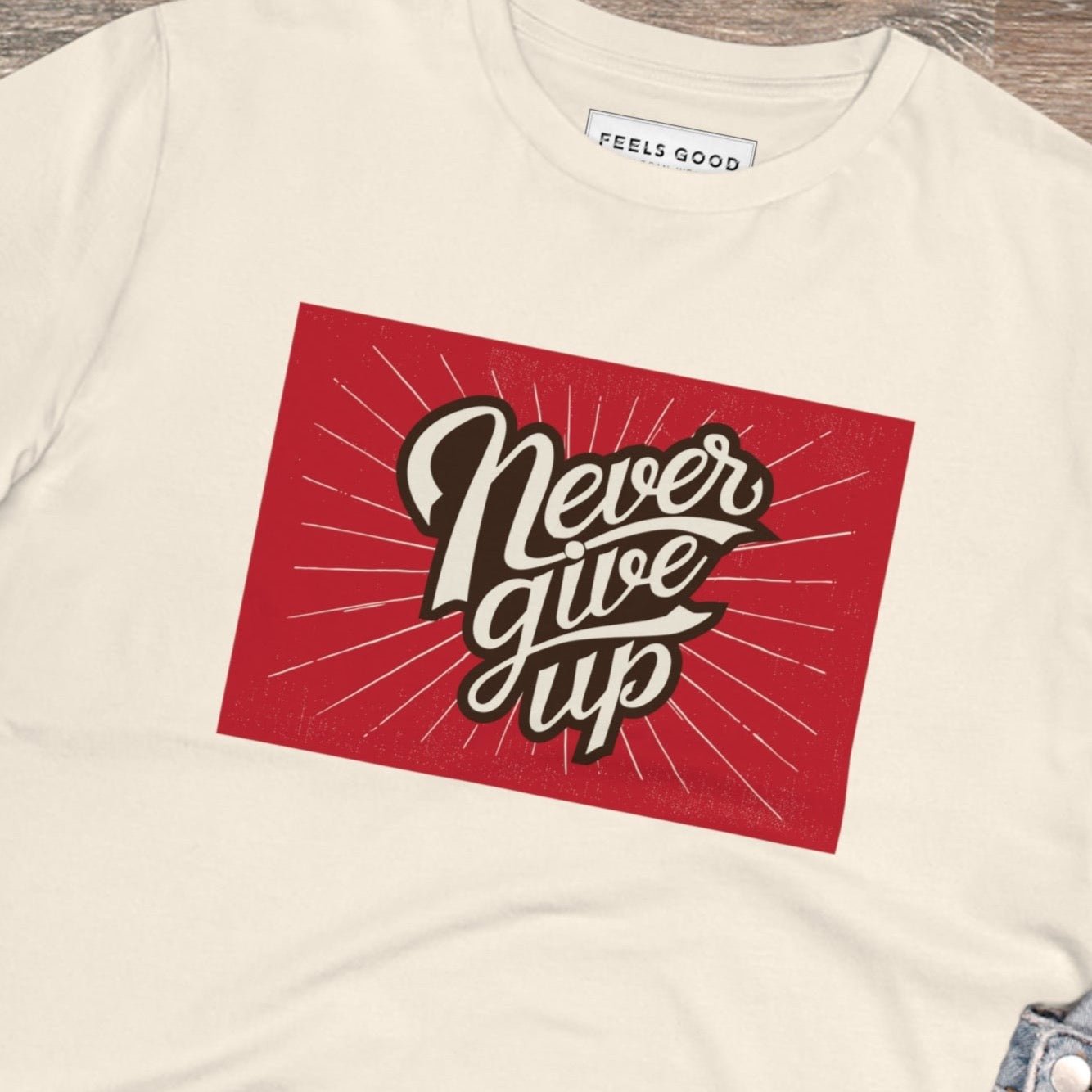 Stay motivated with the positive 'Never Give Up' retro organic cotton t-shirt. Retro slogan t-shirts!