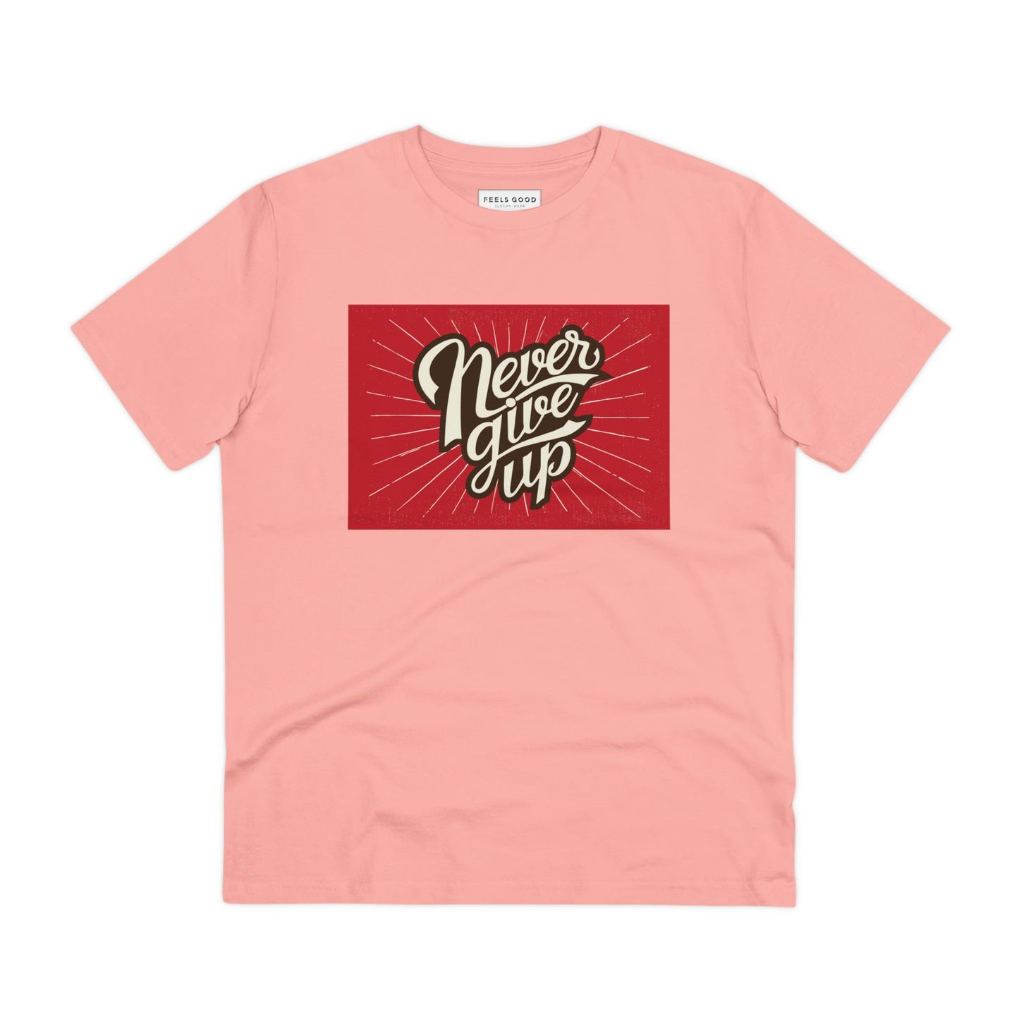 Look cool and stay inspired with the positive 'Never Give Up' retro organic cotton t-shirt. Retro tshirt!