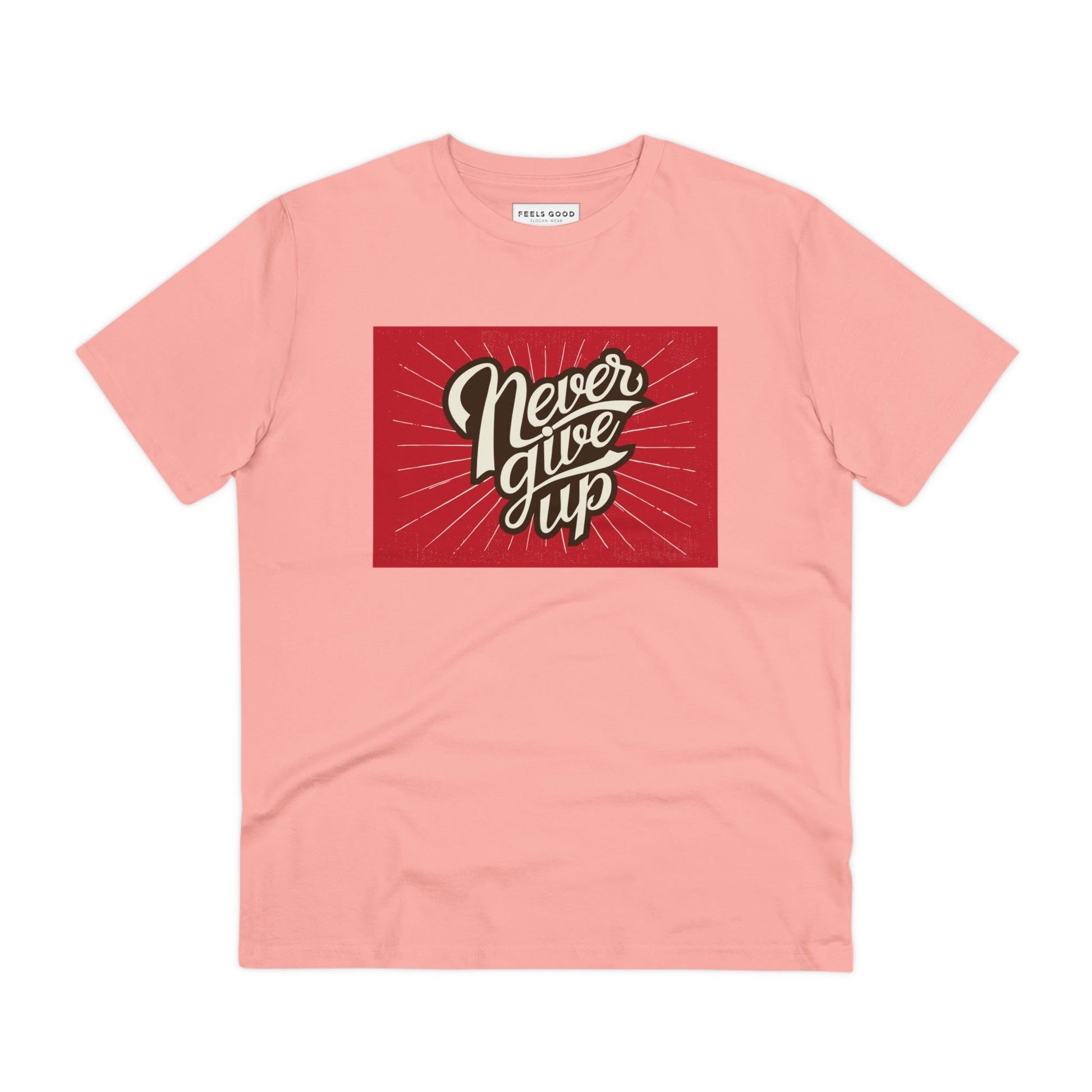 Look cool and stay inspired with the positive 'Never Give Up' retro organic cotton t-shirt. Retro tshirt!