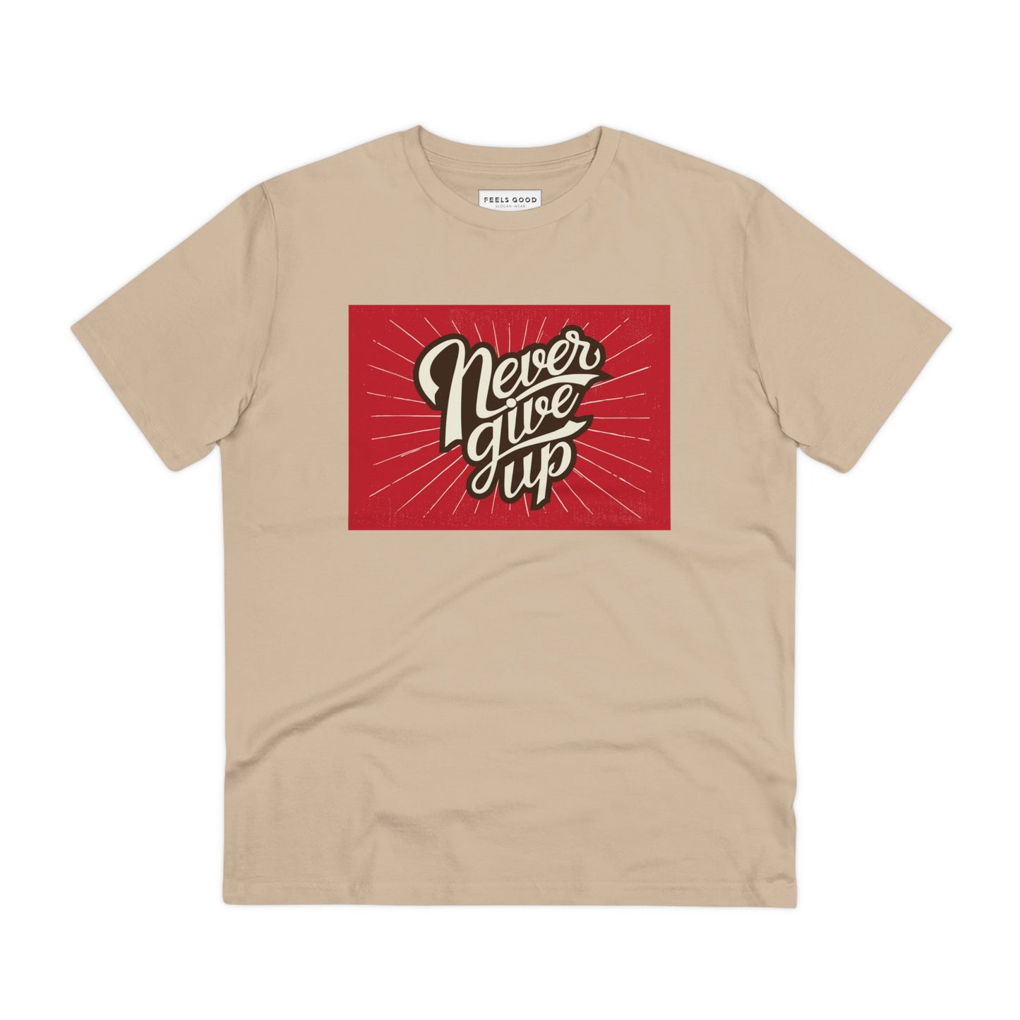 Spread good energy in the positive 'Never Give Up' retro organic cotton t-shirt. Retro women’s tees!
