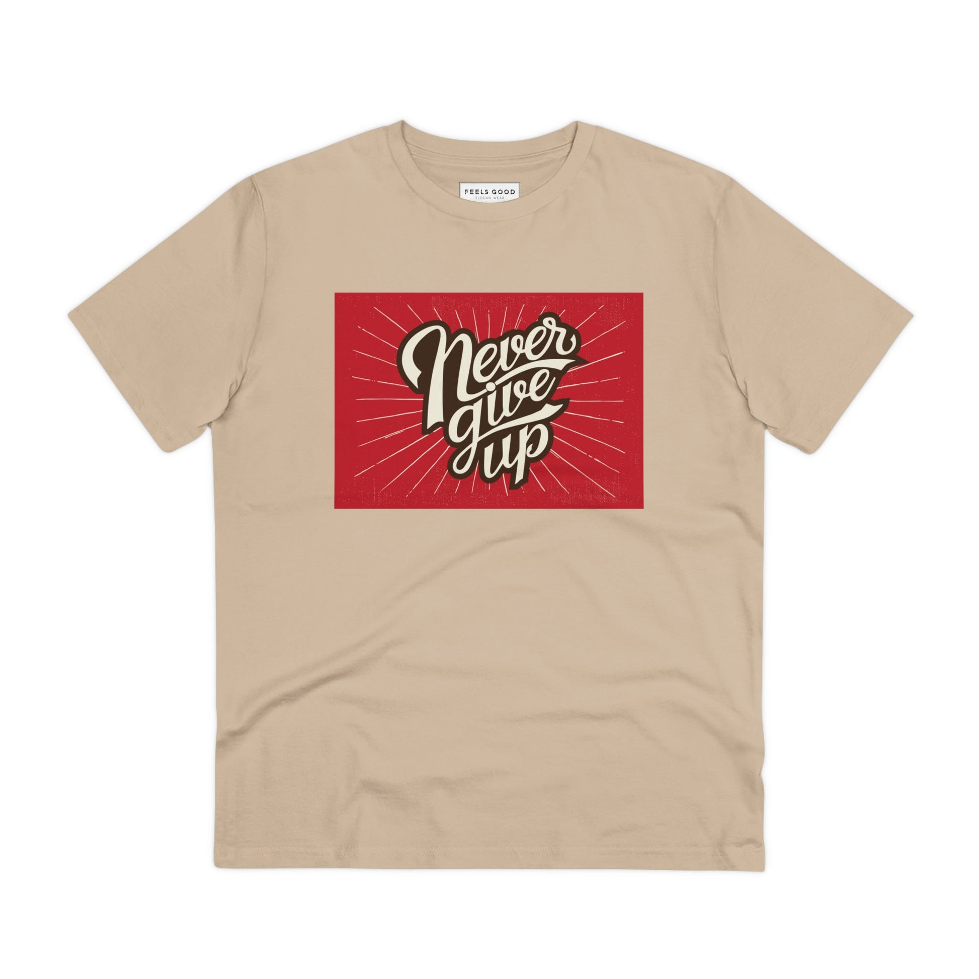 Spread good energy in the positive 'Never Give Up' retro organic cotton t-shirt. Retro women’s tees!