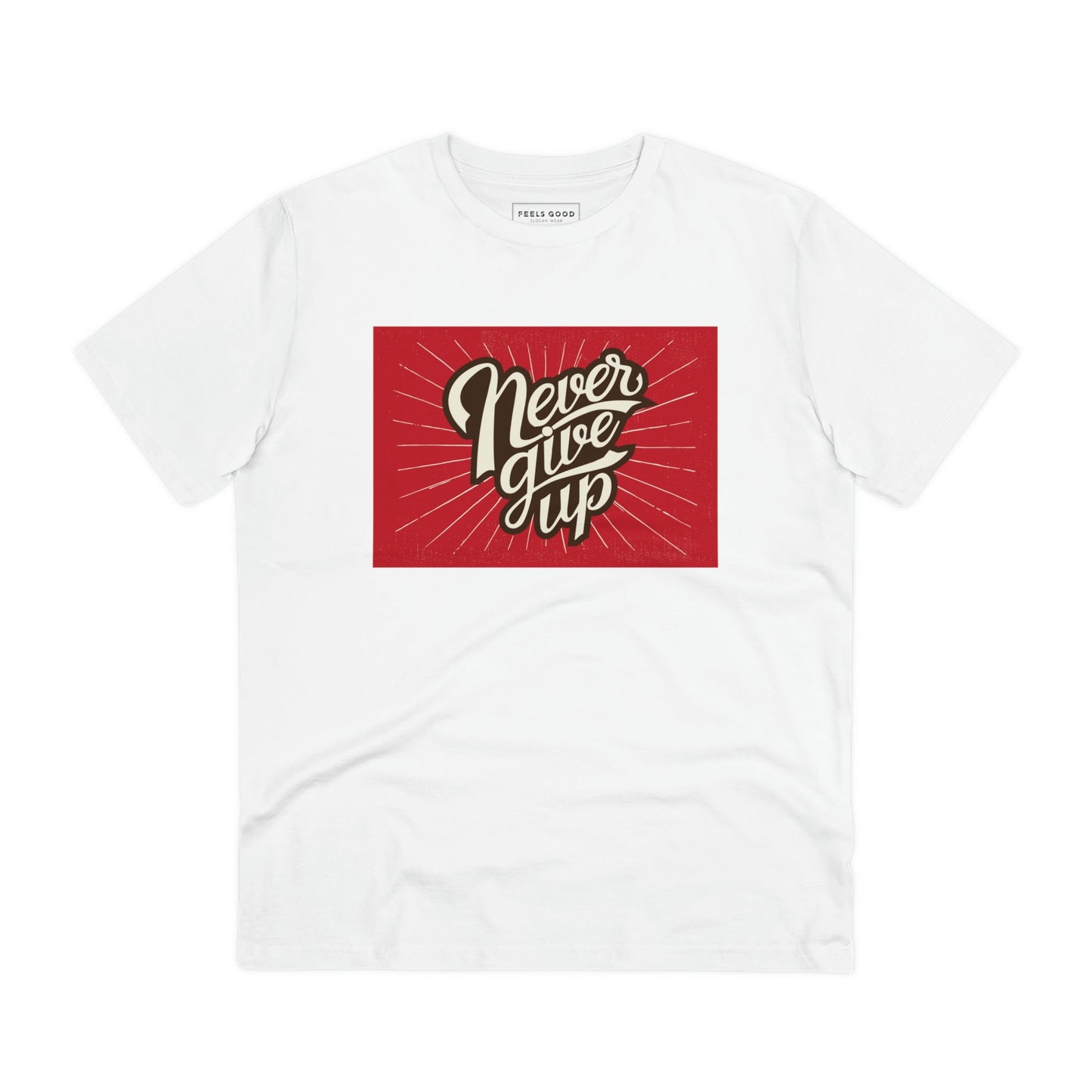 Express positivity in the positive 'Never Give Up' retro organic cotton t-shirt. Retro style t-shirts!