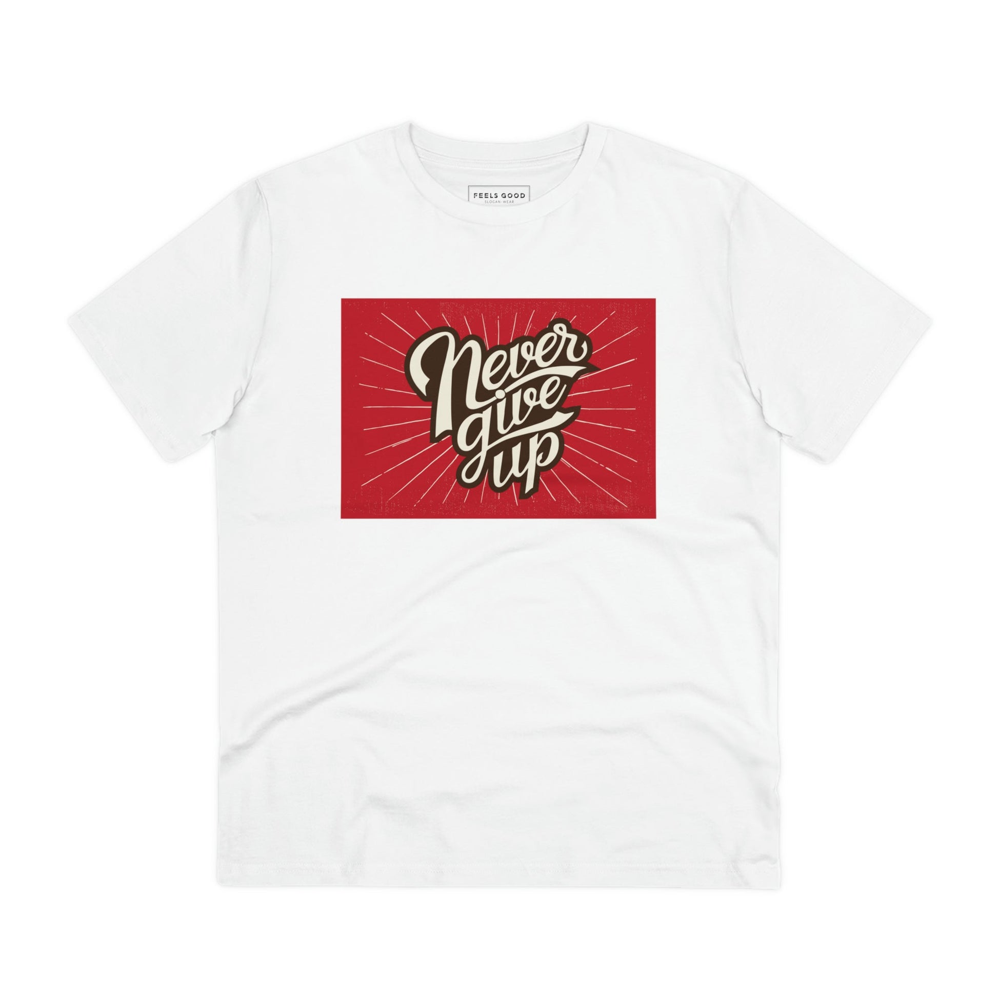 Express positivity in the positive 'Never Give Up' retro organic cotton t-shirt. Retro style t-shirts!