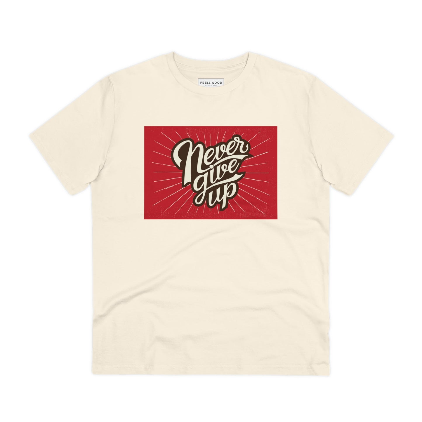 Embrace vintage vibes with the positive 'Never Give Up' retro organic cotton t-shirt. Retro t-shirts!