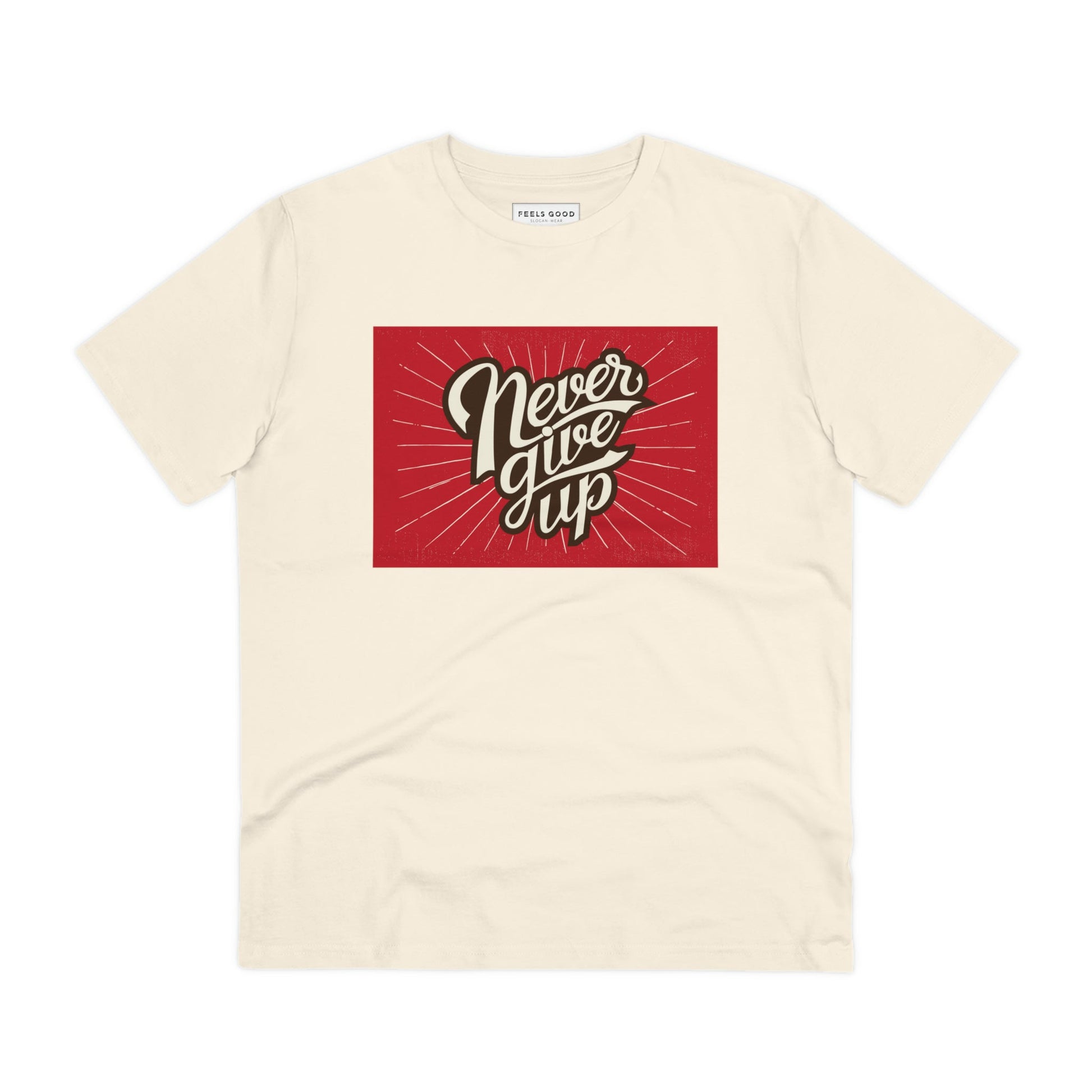 Embrace vintage vibes with the positive 'Never Give Up' retro organic cotton t-shirt. Retro t-shirts!