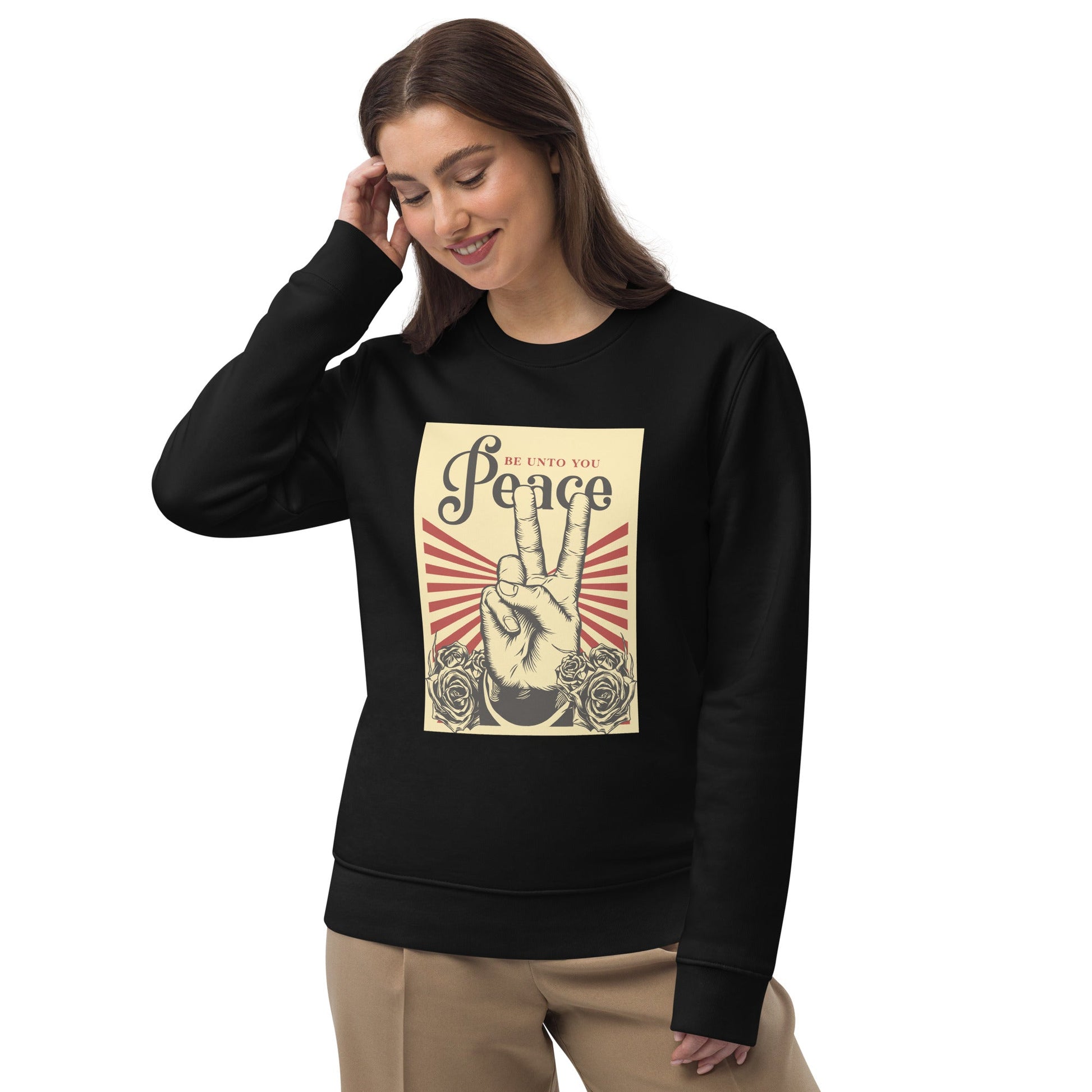 Rock a vintage vibe in the Positive 'Peace Be Unto You' Retro Organic Cotton Sweatshirt today!