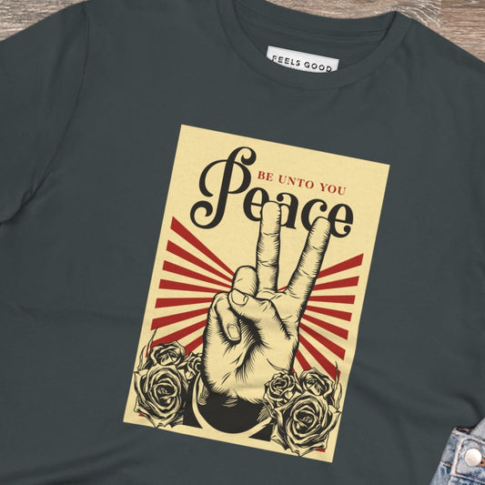 Stay stylish with the Positive 'Peace Be Unto You' Retro Organic Cotton T-Shirt—retro slogan t-shirts.