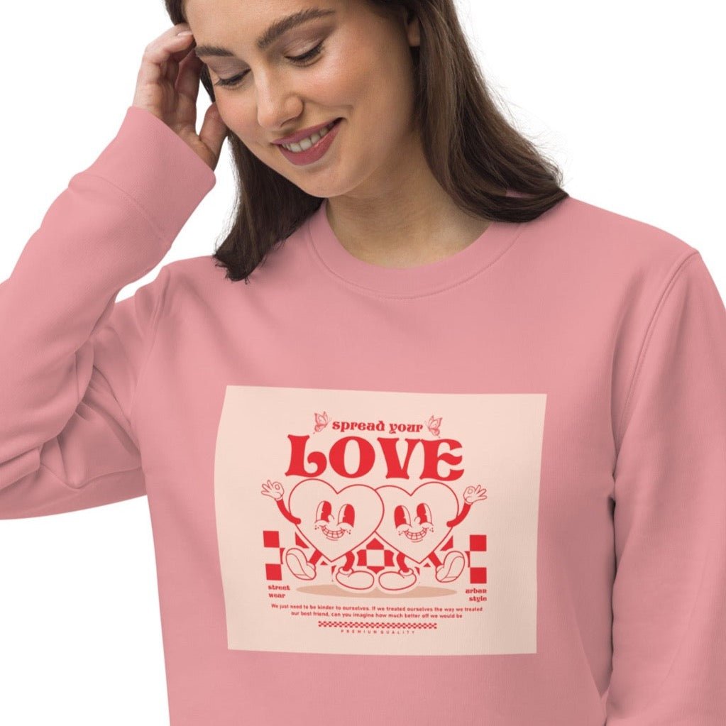 Stay cozy in the Positive 'Spread Your Love' Retro Organic Cotton Sweatshirt—a must-have vintage look!